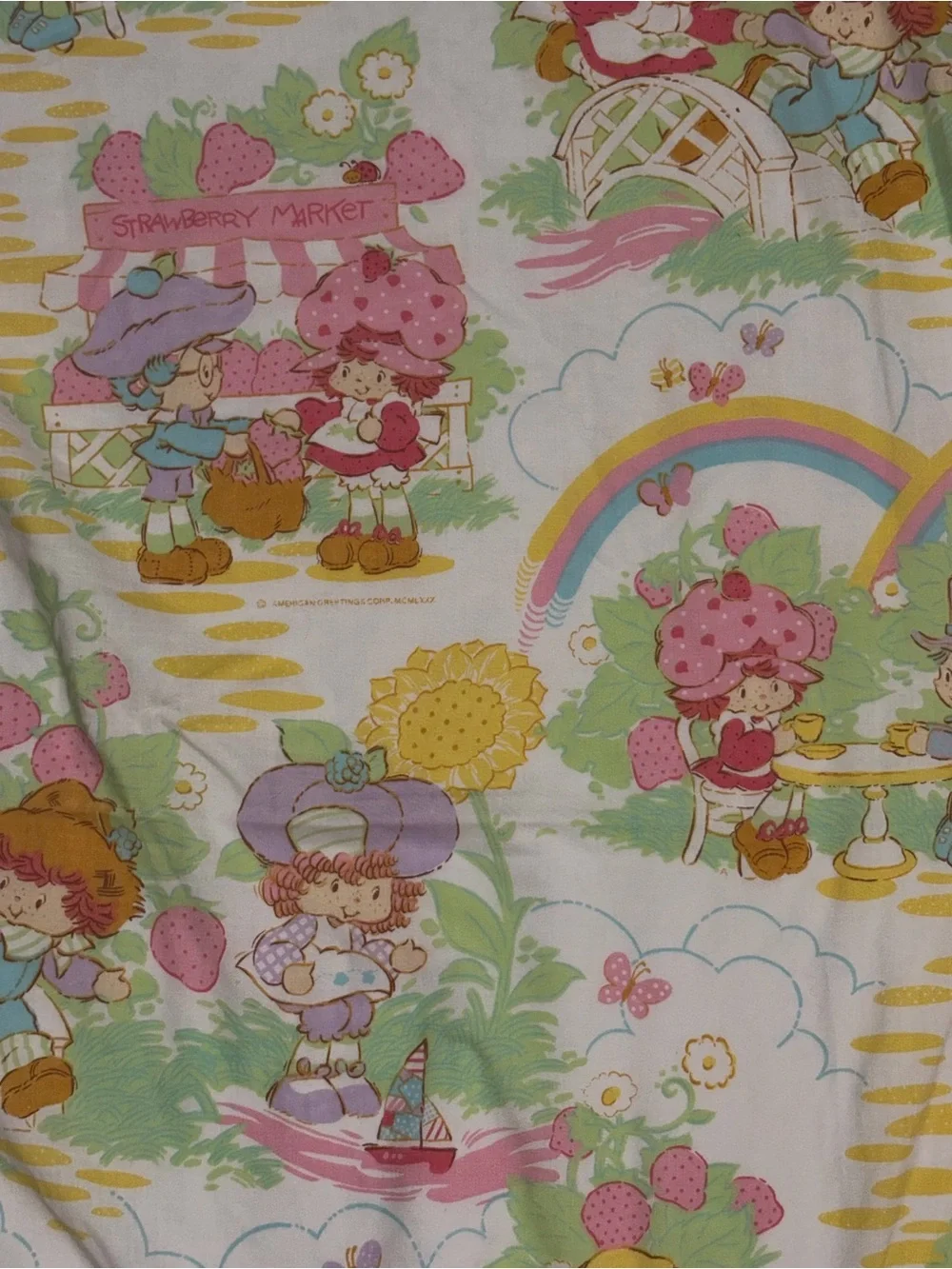 VTG 80s Strawberry Shortcake Twin flat Sheet American Greetings Rainbows Friends